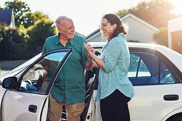 Image showing Car, help and caregiver woman with old man for assisted living, retirement care and rehabilitation. Travel, transportation and female helping elderly male person from motor vehicle for health service