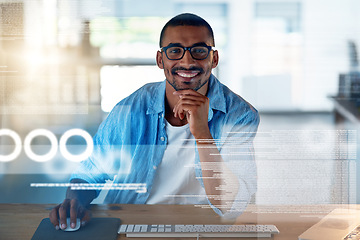 Image showing Smile, screen and portrait of a man with software for coding, website development and programming. Work, happy and a professional programmer working on analytics, code algorithm and research