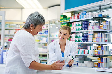 Image showing Pharmacist explaining medicine to a woman in the pharmacy for pharmaceutical healthcare prescription. Medical, counter and female chemist talking to a patient about medication in a clinic dispensary