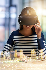 Image showing Happy woman, VR and smile in double exposure of city buildings for testing or metaverse at the office. Female person smiling in virtual reality, building or architecture with technology at workplace