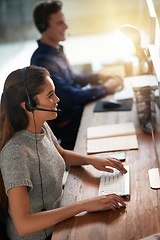 Image showing Woman, man and computer for call center agent, communication and happy for talking, typing and helping. Telemarketing team, consulting or smile for customer service, help desk and pc for tech support