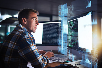 Image showing Developer, man and programmer code on computer screen with cybersecurity hologram, analytics and seo or working at night. Technology, coding and hacker on dark software, safety and iot password