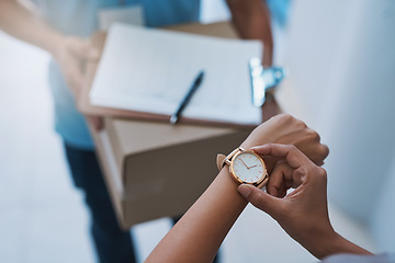 Image showing Watch, late and delivery with a customer checking the time for service delivery of a courier company. Logistics, ecommerce and retail with a consumer timing the shipping of an online shopping product