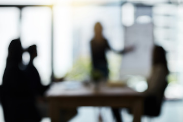 Image showing Silhouette, teamwork and blur of business people in meeting for discussion, planning and conversation. Corporate office, collaboration and men and women for presentation, communication and strategy