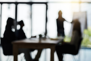 Image showing Silhouette, presentation and blur of business people in meeting for discussion, planning and conversation. Corporate office, collaboration and men and women for teamwork, communication and workshop