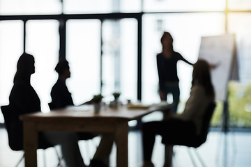 Image showing Silhouette, meeting and blur of business people in office for presentation, planning and conversation. Corporate workplace, collaboration and men and women for teamwork, communication and strategy