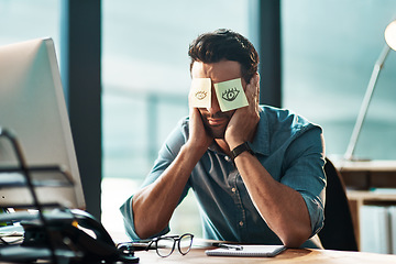 Image showing Tired, sleeping and a man with sticky note on face during overtime, late work and business at night. Fatigue, burnout and a businessman with paper to cover eyes during sleep at a desk for a deadline