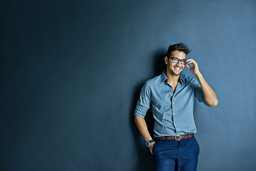 Image showing Happy business man, wall background and space with smile, portrait and fashion for entrepreneur in mockup. Excited businessman, holding glasses or smile for career, vision or entrepreneurship mock up