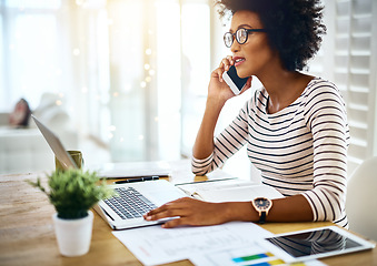 Image showing Phone call, laptop and black woman financial advisor talking to business contact for startup strategy in a conversation. Cellphone, job and entrepreneur or employee planning graph results in office
