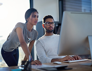 Image showing Advice, talking and business people with a computer for training, strategy and collaboration. Teamwork, management and employees working on an online project together with a pc for connectivity