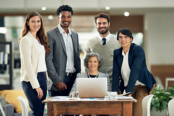 Image showing Portrait, teamwork or happy business people in meeting for ideas, strategy or planning a startup company. CEO, laptop or employees smiling with leadership or group support for a vision in office