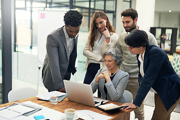 Image showing Laptop, teamwork or business people thinking in meeting for ideas, strategy or planning a startup company. CEO woman, problem solving or employees in brainstorming for a solution or vision in office