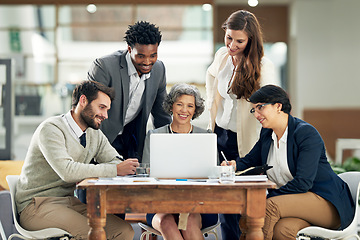Image showing Smile, laptop or happy business people in meeting for team strategy or planning a startup company. CEO, diversity or employees smiling with notes, leadership or group support for success in office