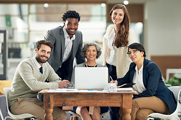 Image showing Happy, diversity or portrait of business people in meeting for team strategy or planning a startup company. CEO, laptop or employees smiling with leadership or group support for growth in office