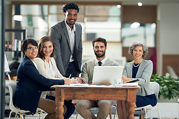 Image showing Happy, startup or portrait of business people in meeting for team strategy or planning a project in company. CEO, laptop or employees smiling with leadership or group support for success in office