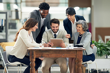 Image showing Tablet, startup or business people planning in meeting for team strategy or working on project in company. Happy, digital news or employees smiling or talking in group discussion for growth in office