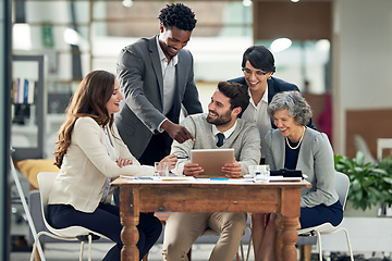 Image showing Business people, tablet or black man talking in meeting for ideas, strategy or planning a startup company. Digital, teamwork or employees in group discussion or speaking for online growth in office