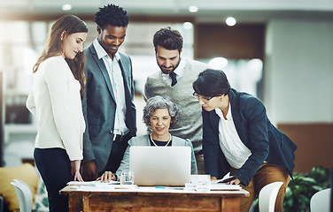 Image showing Business people, laptop or women talking in meeting for ideas, strategy or planning a company project. CEO, teamwork or employees in group discussion or speaking with leadership for vision in office