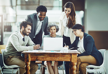 Image showing Collaboration, laptop or business people in meeting for ideas, strategy notes or planning a team project. Mentor, manager or employees learning in group coaching with leadership or vision in office