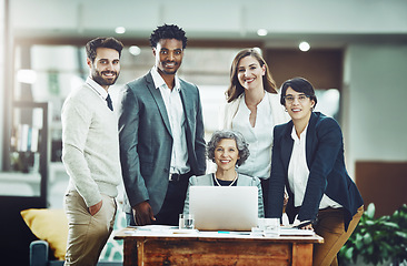 Image showing Smile, diversity or portrait of business people in meeting for team strategy or planning a startup company. CEO, laptop or happy workers smiling with leadership or group support for growth in office