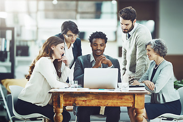 Image showing Laptop, teamwork or business people in discussion in meeting for ideas, strategy or planning a startup company. Diversity, news or employees talking or speaking with leadership for growth in office