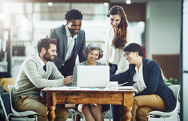 Image showing Collaboration, laptop or happy business people in meeting for ideas, online strategy or planning project. Digital, teamwork or employees talking or speaking with leadership for growth in office