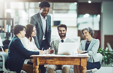 Image showing Laptop, startup or business people planning in meeting for team strategy or working on project in company. CEO, discussion or employees smiling with leadership or group support for success in office