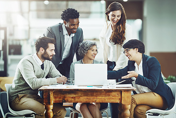 Image showing Business people, teamwork or woman talking in meeting for ideas, strategy or planning a startup company. CEO, laptop or employees in group discussion or speaking with leadership for growth in office