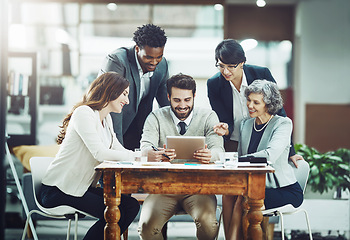 Image showing Tablet, happy or business people planning in meeting for team strategy or working on project in company. Online, digital news or employees smiling or talking in group discussion for growth in office