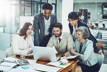 Image showing Laptop, smile or business people planning in meeting for team strategy or working on project in company. News, digital or happy employees smiling or talking in group discussion for growth in office