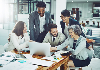 Image showing Business people, laptop or woman speaking in meeting for ideas, strategy or planning a company project. CEO, teamwork or employees in group discussion or talking with leadership for vision in office