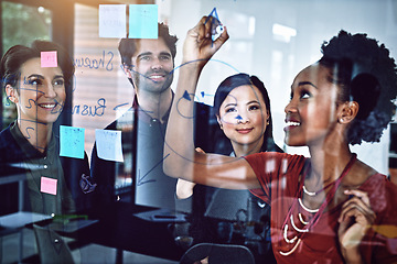 Image showing Planning, happy and business people with a goal on a board for schedule in a meeting. Our vision, office and diversity of group of employees writing strategy, sticky note or a plan for collaboration