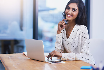 Image showing Portrait, employee and Indian woman with a laptop, smile and development for company, business owner and growth. Face, female entrepreneur and consultant with connection, technology and professional