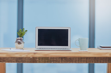 Image showing Empty workspace, modern office and laptop screen at a desk for mockup, connectivity and email. Corporate, pc and technology work for connection, networking and online space at a professional agency