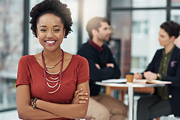 Image showing Portrait, business and happy black woman with arms crossed in office workplace. Face, confidence and African female professional, entrepreneur and person with happiness, pride for career and job.