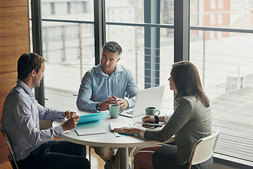 Image showing Meeting, documents and planning of business people in office teamwork, portfolio ideas and talking of project. Professional woman, men employees or clients listening, speaking and job collaboration