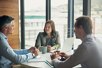 Image showing Meeting, talking and planning of business people in office for teamwork, management ideas and professional brainstorming. Manager, woman employee and clients listening, speaking or advice for project