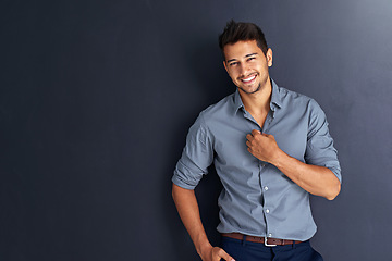Image showing Mockup, portrait and happy business man in studio confident, young and empowered against black background. Face, smile and cheerful male person with positive attitude posing on isolated copy space