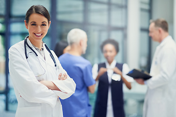 Image showing Health care, happiness and portrait of woman doctor with mockup, confident smile in hospital and leadership in medicine. Healthcare career, mock up and happy medical professional in lobby of clinic.