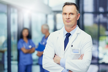 Image showing Healthcare, mockup and portrait of doctor with confidence in hospital, support from leader in medical career. Health care, pride and medicine, confident man or professional surgeon in workplace space