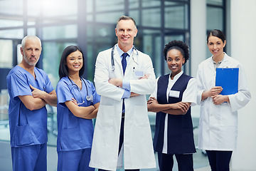 Image showing Healthcare, teamwork and portrait of hospital staff, doctors and nurses for support in medical career. Health care, wellness and team of confident men, women and clinic with smile and work happiness.
