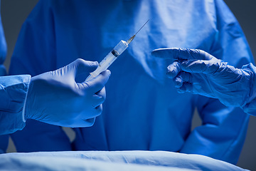 Image showing Surgery, teamwork and hands of doctor with needle for healthcare, tools and focus on professional medicine. Medical innovation, operating room and surgeon with expert staff in hospital operation.