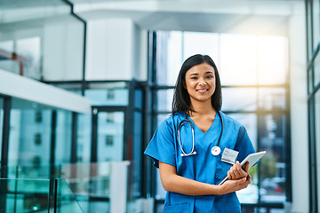 Image showing Healthcare, confidence and portrait of woman doctor or nurse with tablet in hospital for support in medical work. Health care career, wellness and medicine, confident nursing professional with smile.