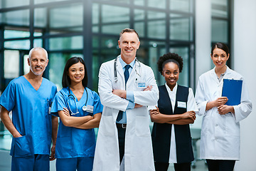 Image showing Health care, happiness and portrait of doctors with nurses, teamwork and support in medical career. Healthcare, medicine and trust, happy team of men and women, hospital staff with confident smile.