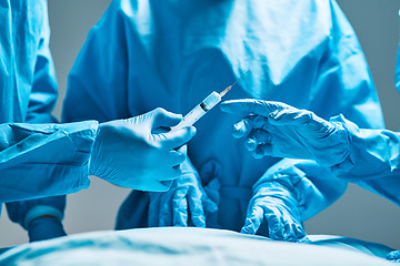 Image showing Surgery, operating room and hands of doctor with needle for healthcare, teamwork and professional medicine. Medical innovation, syringe and surgeon with expert staff in hospital icu for operation.