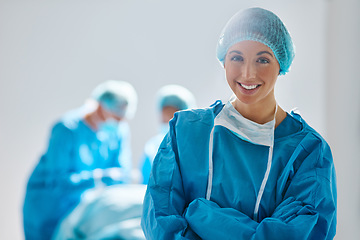 Image showing Surgery, operating room and portrait of woman doctor or nurse in hospital for support and trust in medical work. Health care, wellness and medicine, confident and professional surgeon with smile.