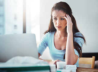 Image showing Stress, headache and woman doing research on a laptop for her sickness, illness or disease. Burnout, allergies and female person with a migraine in pain on a telehealth call on a computer in her home