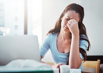 Image showing Stress, remote work and woman with a migraine working on freelance project with laptop at home. Burnout, fatigue and sick female freelancer with headache in pain doing research at a desk or workspace