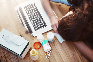 Image showing Sleeping, sick and woman with laptop and pills, flu and burnout in the workplace, medicine and tired. Female person, employee and illness with technology, medication and sleeping with telehealth