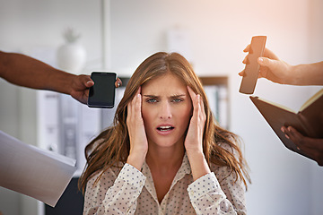 Image showing Stress, overwhelmed and headache with business woman in office for overworked, multitask and anxiety. Burnout, frustrated and pressure with female employee for chaos, mental health and crisis